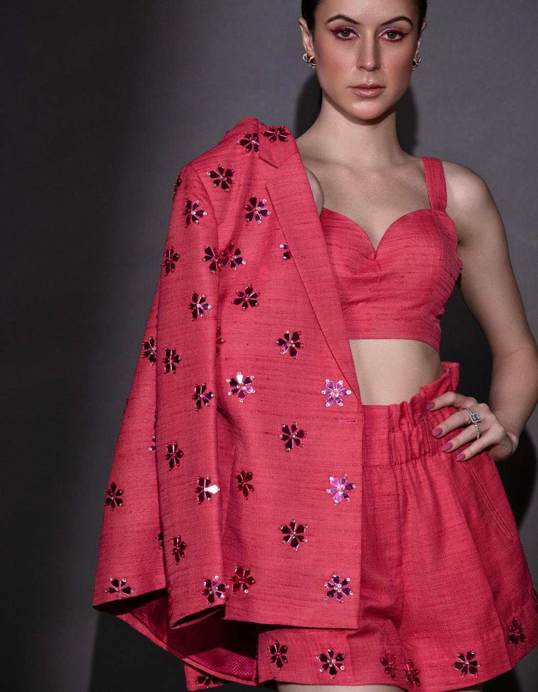 Coral Pink Blazer Set With Shorts