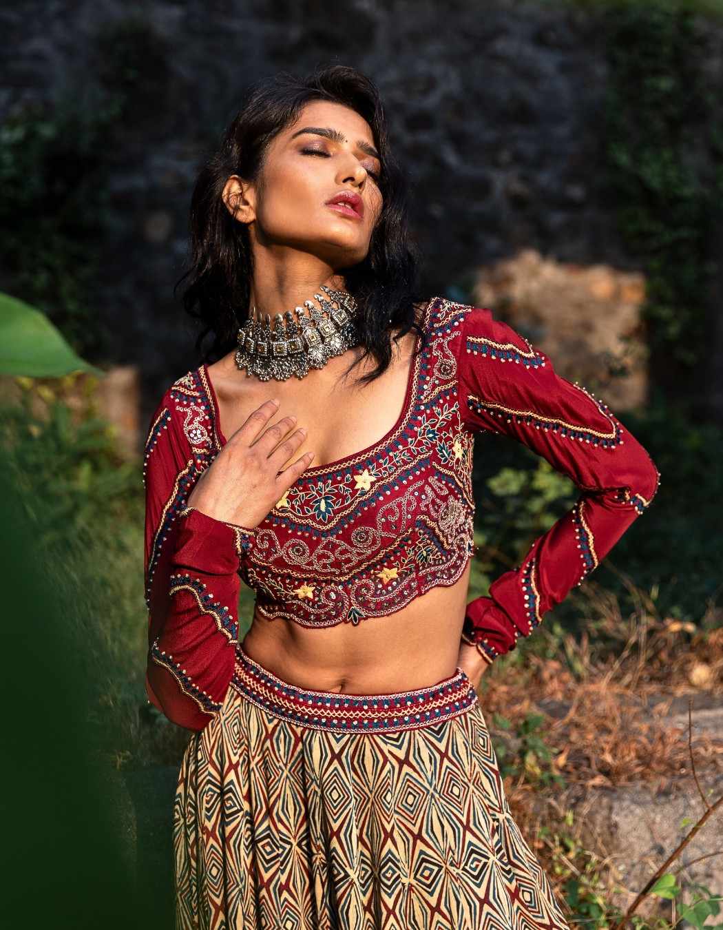 Crimson Red Lehenga With Full Sleeves Blouse