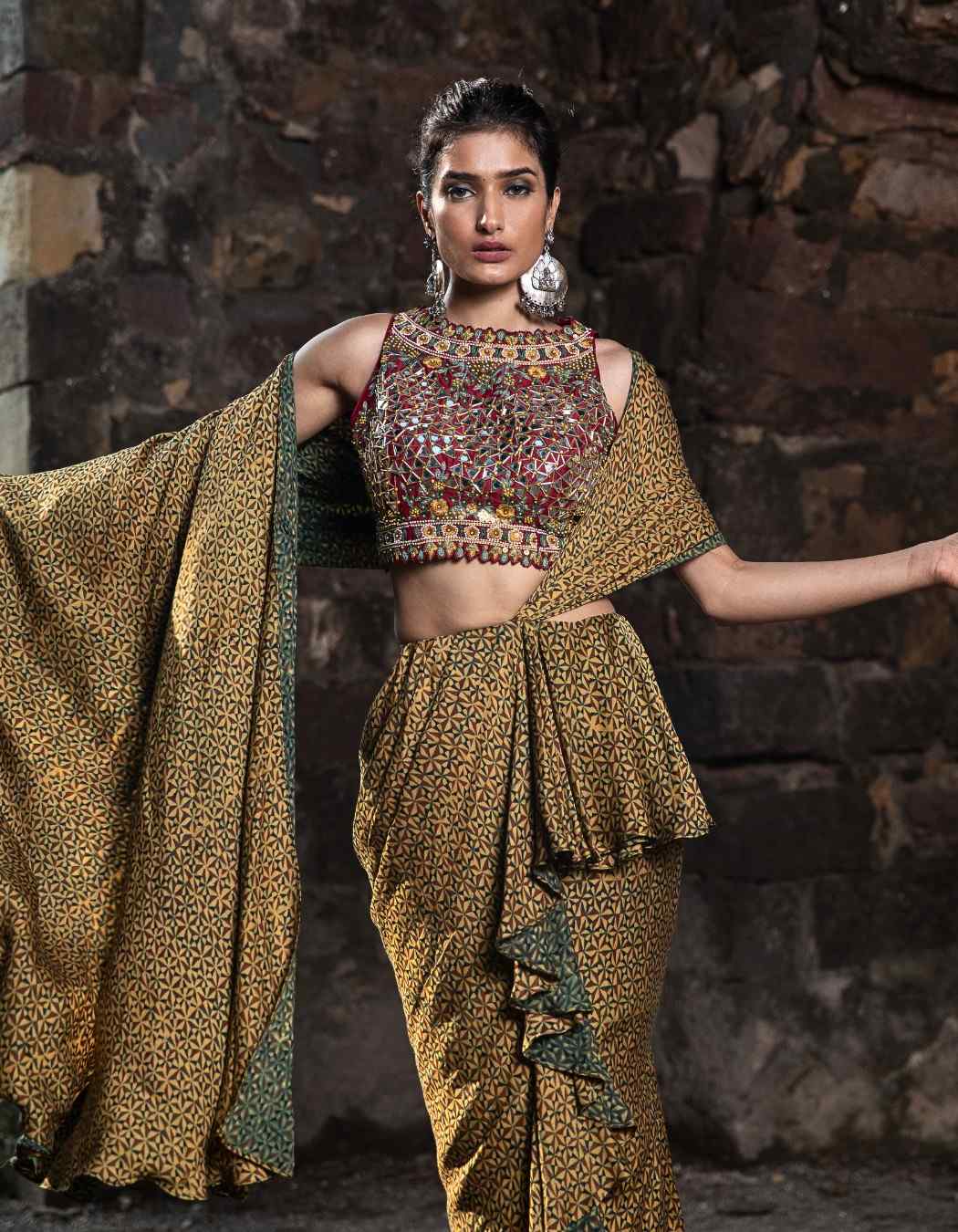 Crimson Red Pre-Draped Ruffle Saree