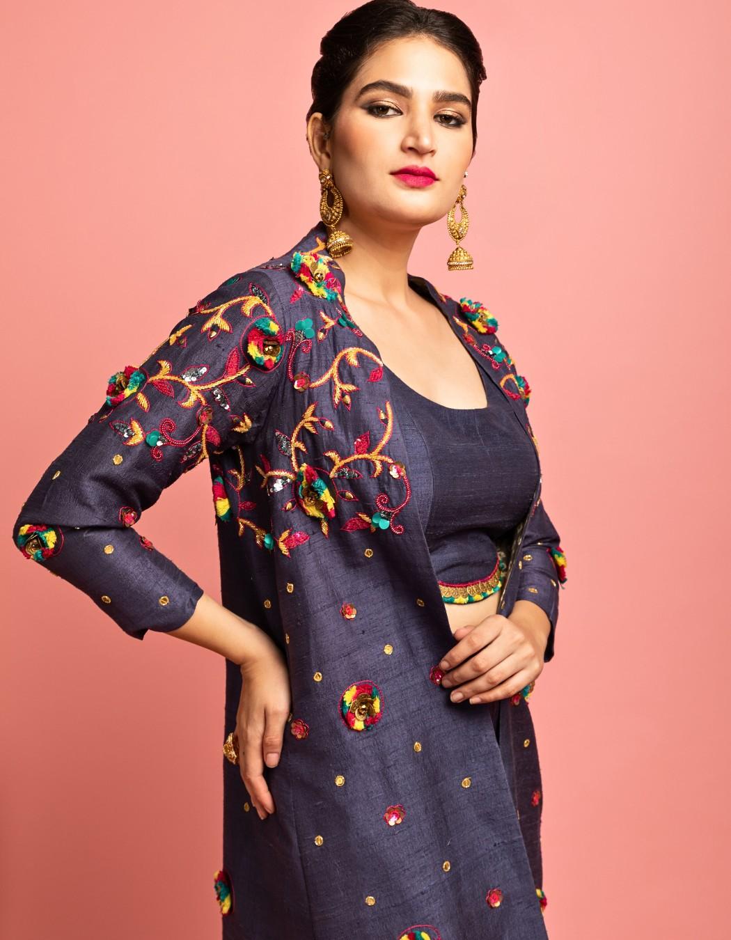 Dark Grey Long Jacket, Choli & Pants