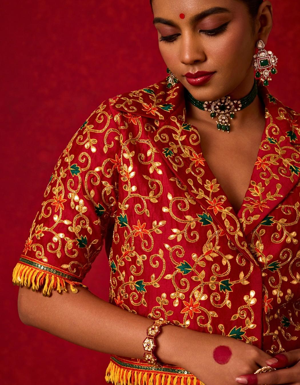 Embroidered Blazer with Drape Skirt