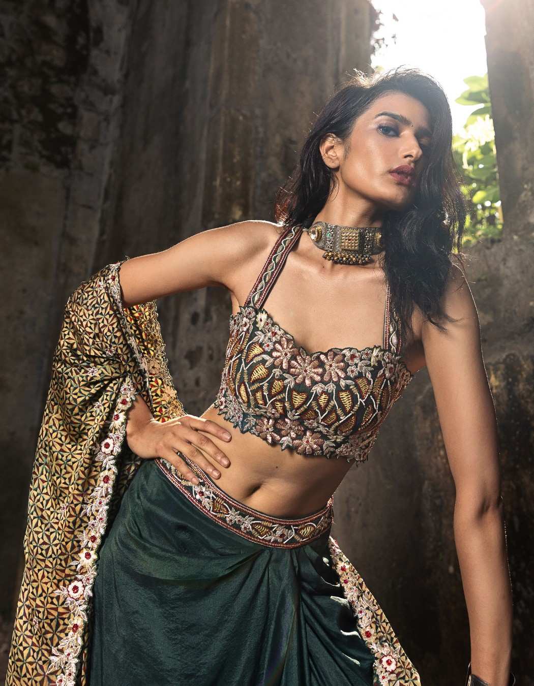 Forest Green Drape Skirt & Cape Set