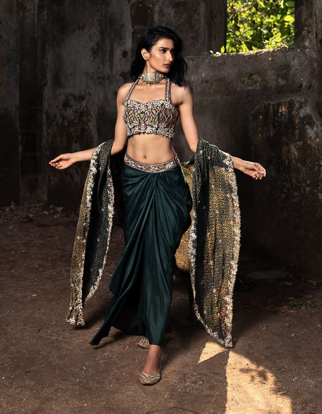 Forest Green Drape Skirt & Cape Set – Nitara Dhanraj Label
