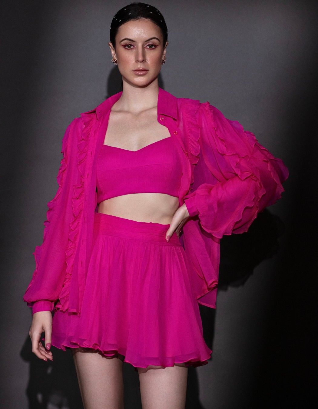 Fuschia Pink Ruffle Shirt & Skirt Set