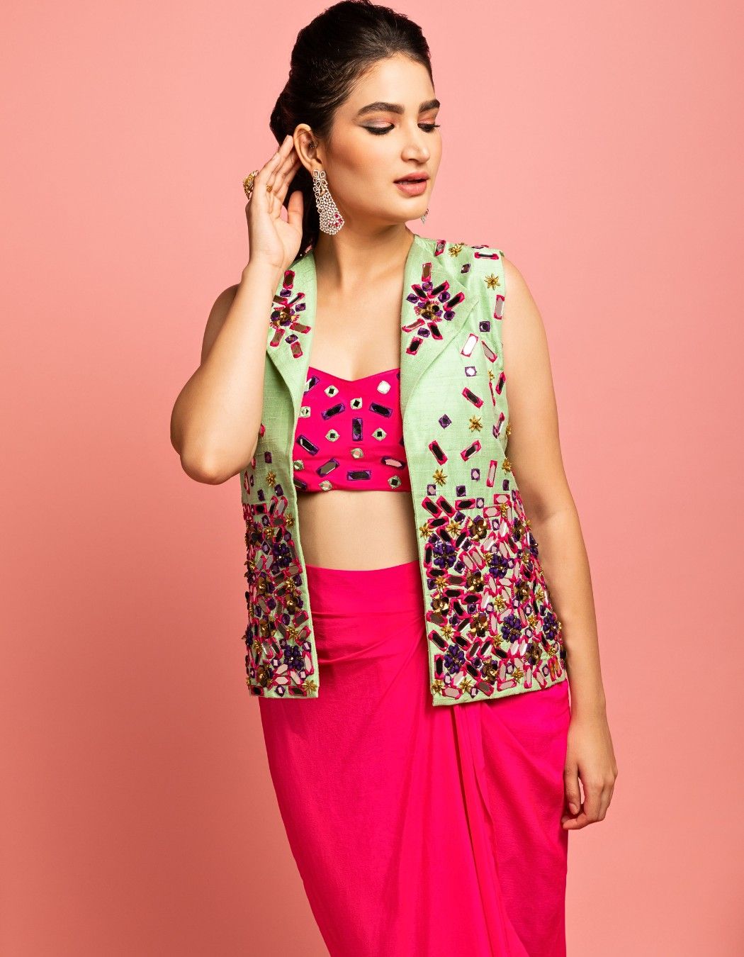 Mint Green & Pink Drape Skirt Set With Blazer