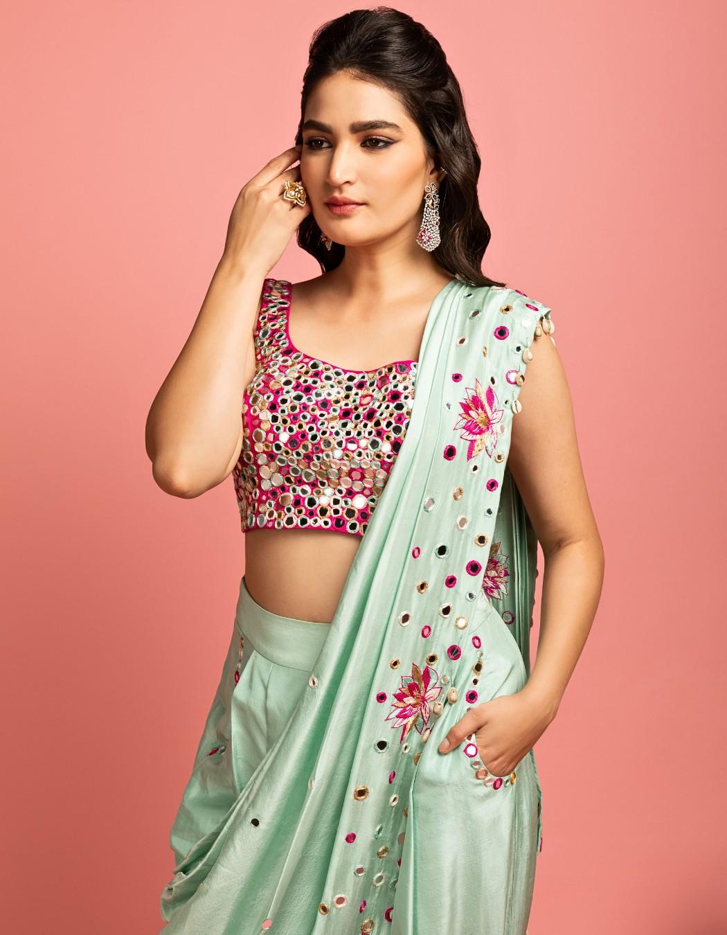 Mint Green Pre-Draped Saree With Low-Crotch Pants.