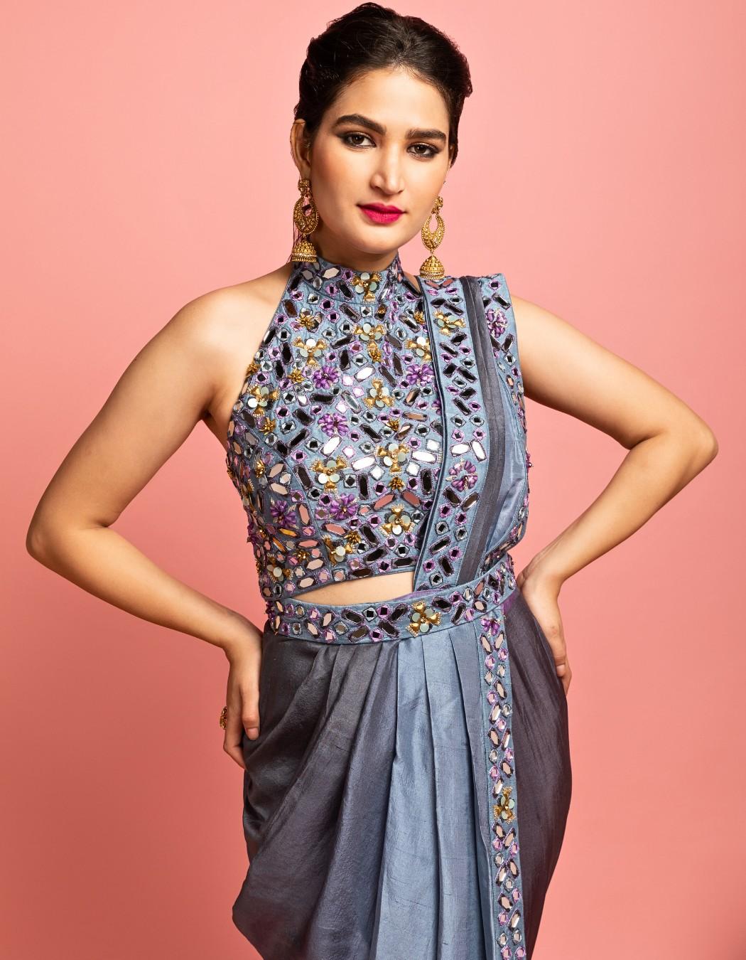 Shaded Grey-Blue Pre Draped Saree