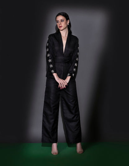 Black Blazer Set With Straight Pants