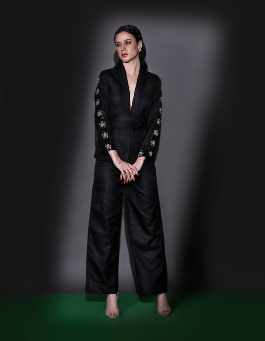 Black Blazer Set With Straight Pants