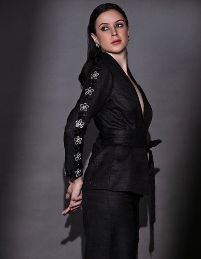 Black Blazer Set With Straight Pants