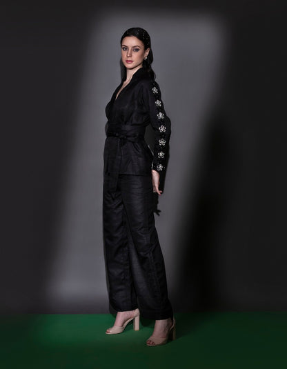 Black Blazer Set With Straight Pants