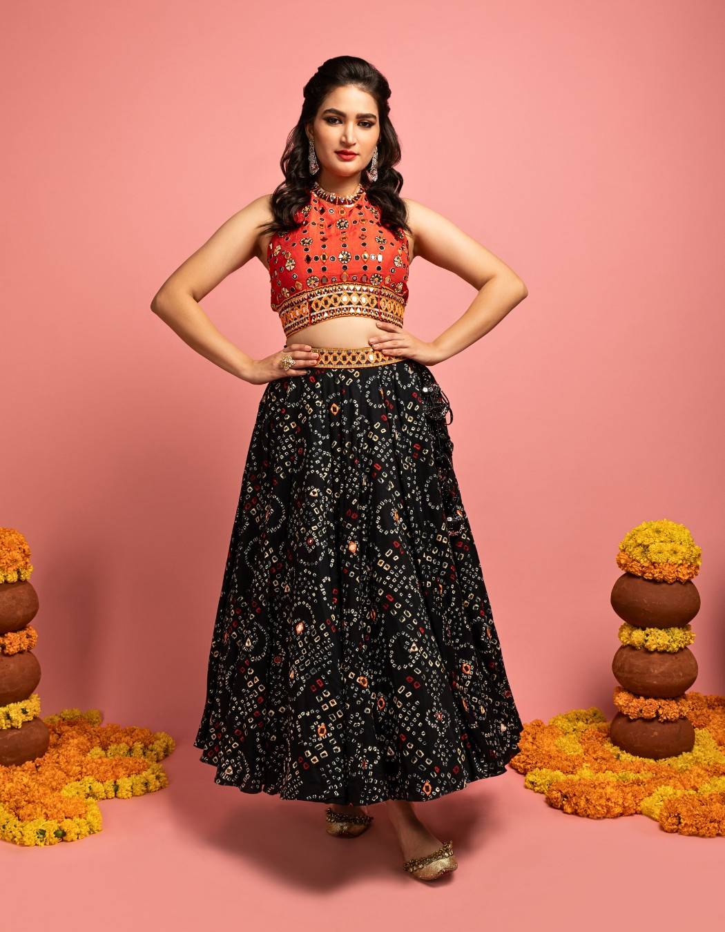 Black & Orange Bandhani Lehenga