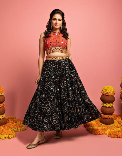 Black & Orange Bandhani Lehenga