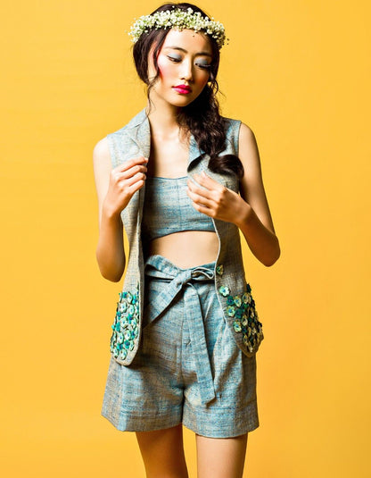 Blue Sleeveless Blazer Set With Shorts