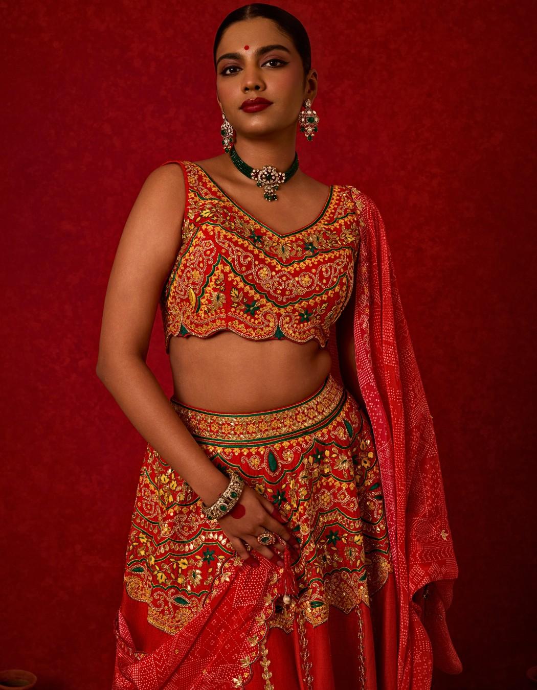 Bridal Lehenga Set with Printed Dupatta.