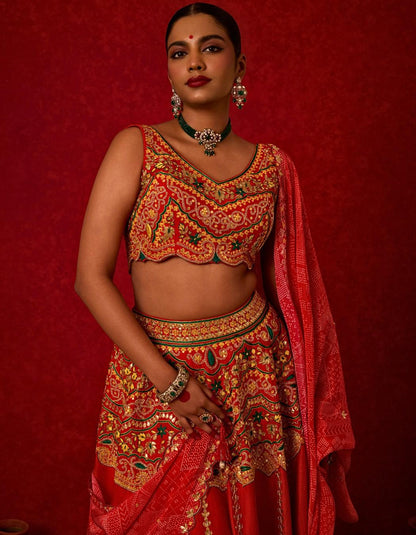 Bridal Lehenga Set with Printed Dupatta.