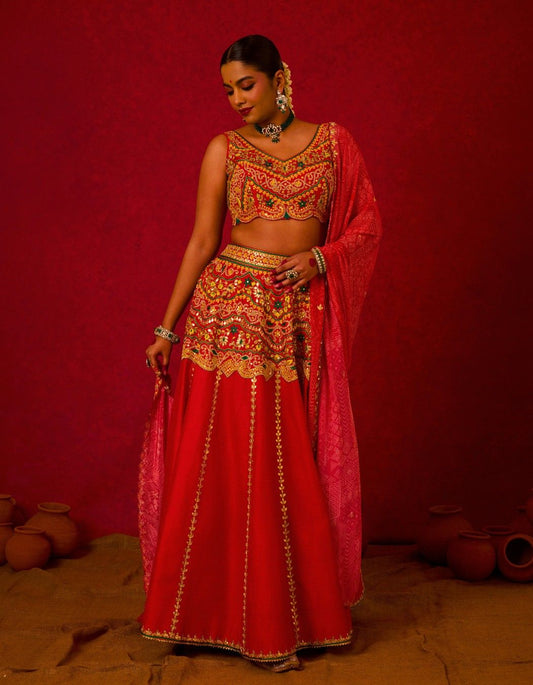 Bridal Lehenga Set with Printed Dupatta.