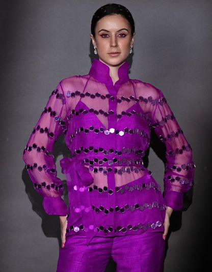 Bright Violet Organza Shirt & Pants Set