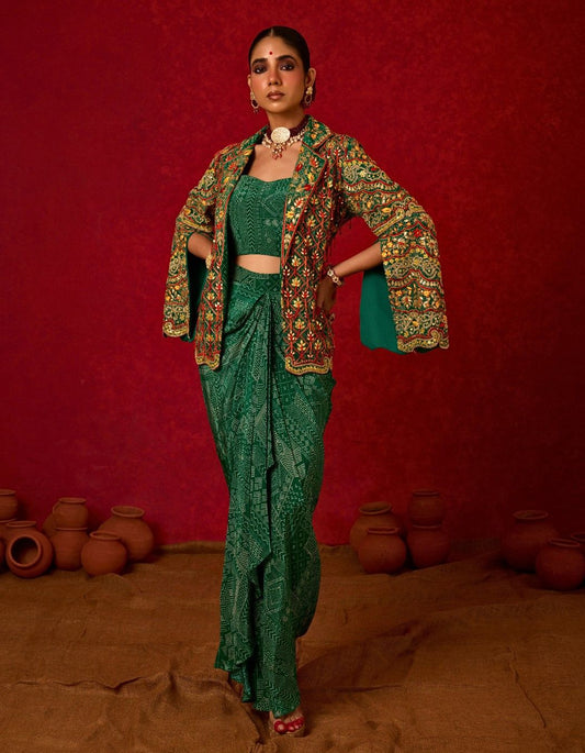 Cape Jacket Set with Drape Skirt