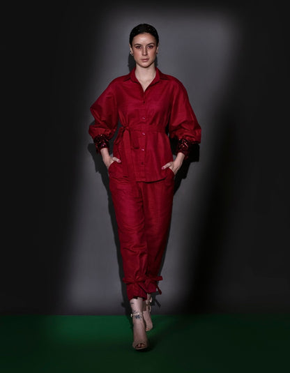 Cherry Red Shirt And Pant Co-Ord Set