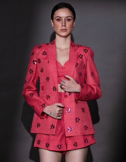 Coral Pink Blazer Set With Shorts