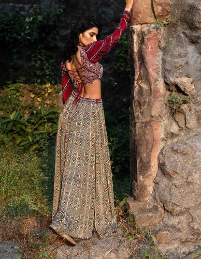 Crimson Red Lehenga With Full Sleeves Blouse