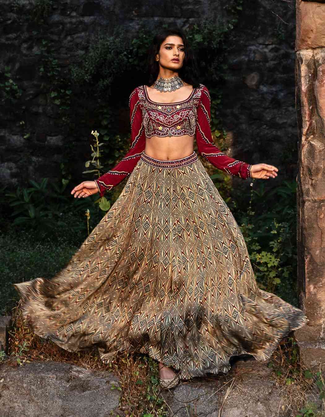 Crimson Red Lehenga With Full Sleeves Blouse