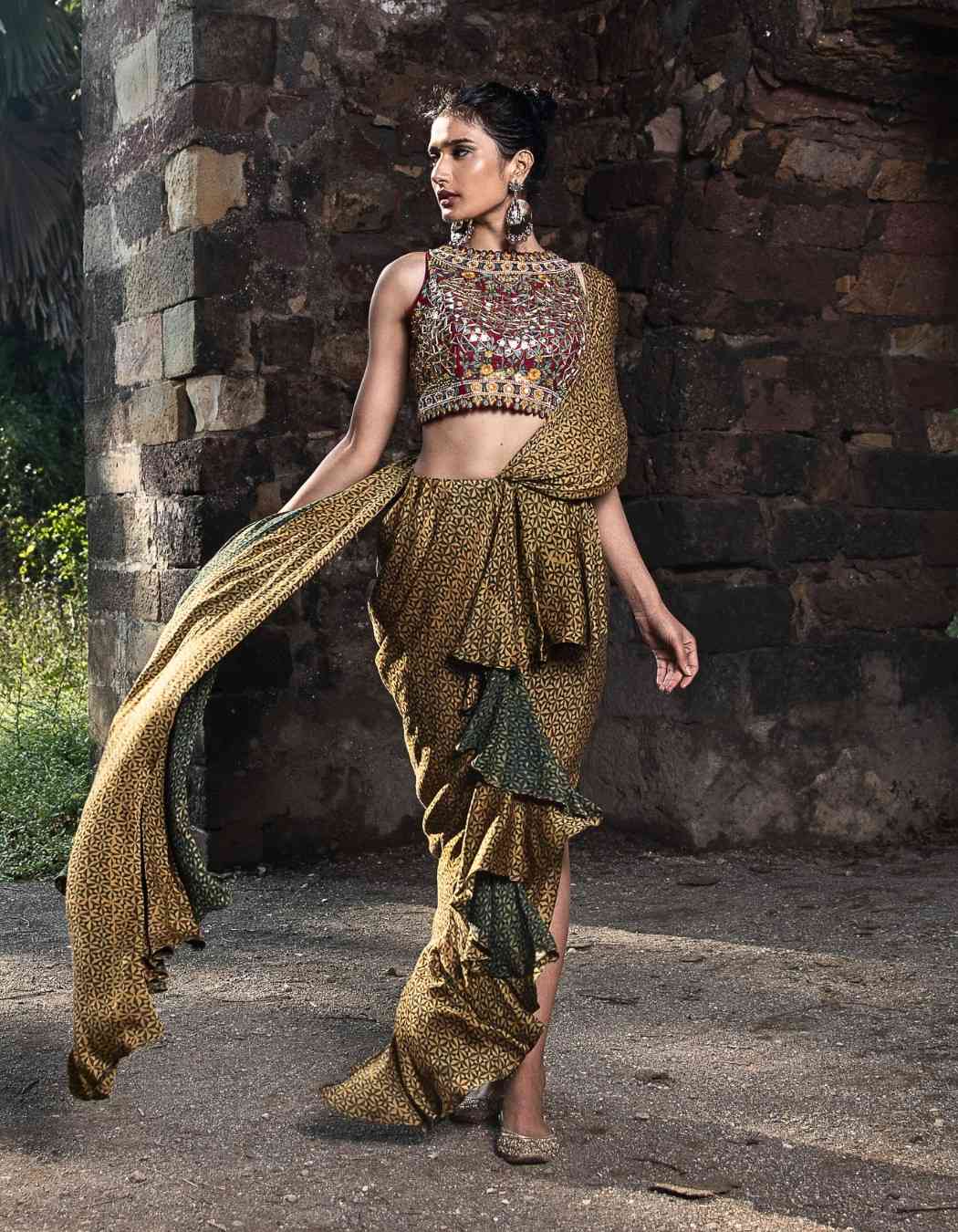 Crimson Red Pre-Draped Ruffle Saree