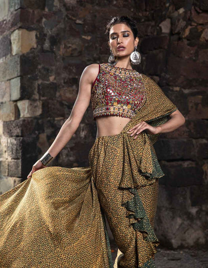 Crimson Red Pre-Draped Ruffle Saree