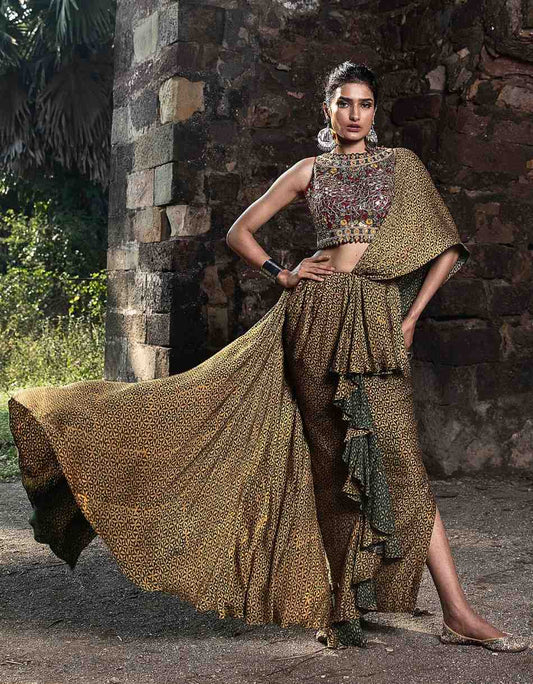 Crimson Red Pre-Draped Ruffle Saree