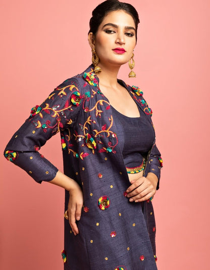 Dark Grey Long Jacket, Choli & Pants