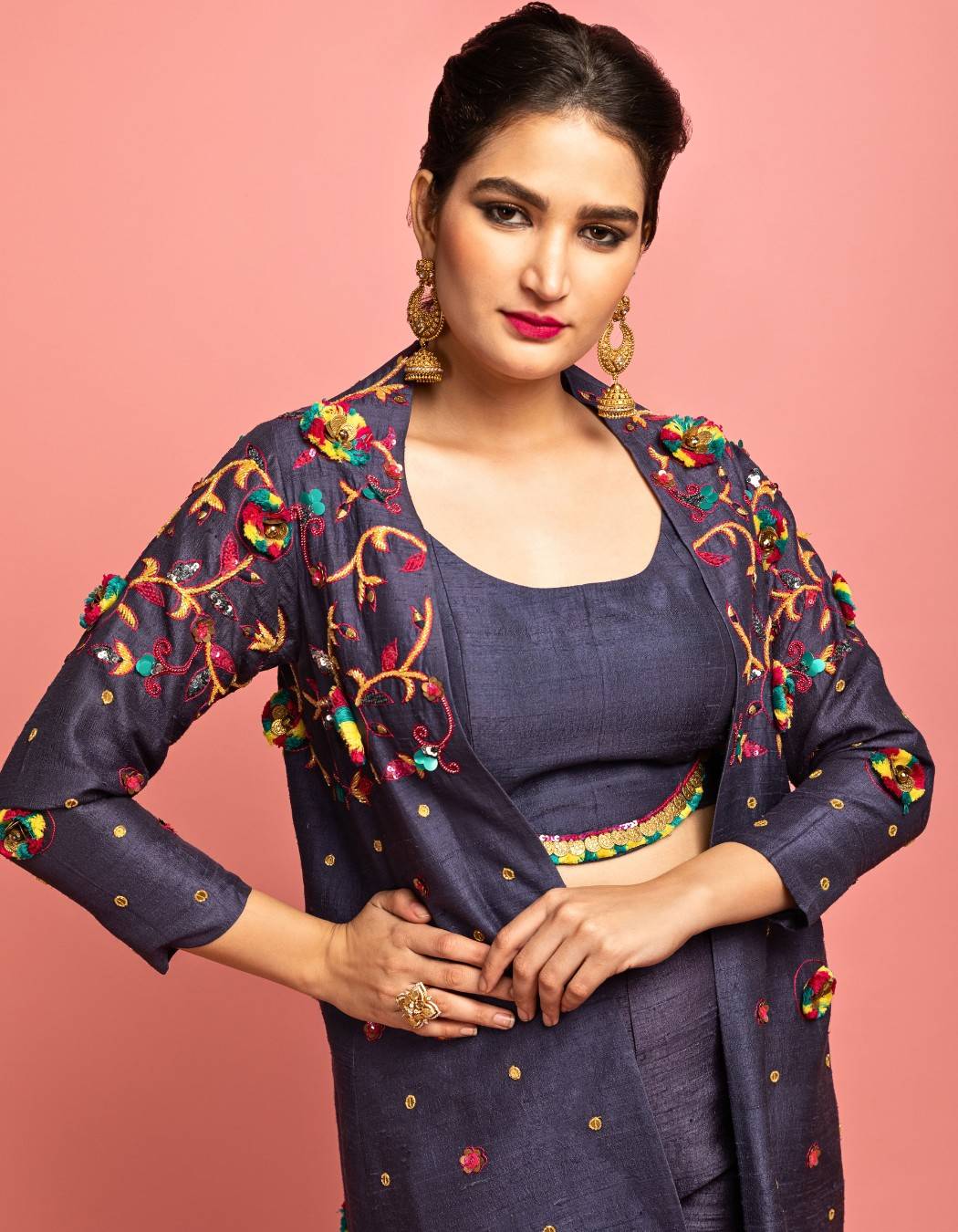 Dark Grey Long Jacket, Choli & Pants