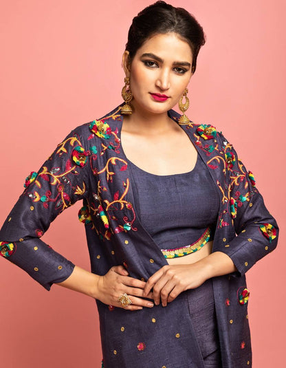 Dark Grey Long Jacket, Choli & Pants