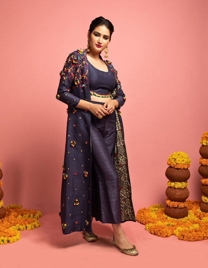 Dark Grey Long Jacket, Choli & Pants