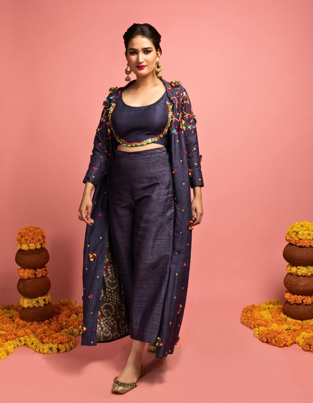 Dark Grey Long Jacket, Choli & Pants