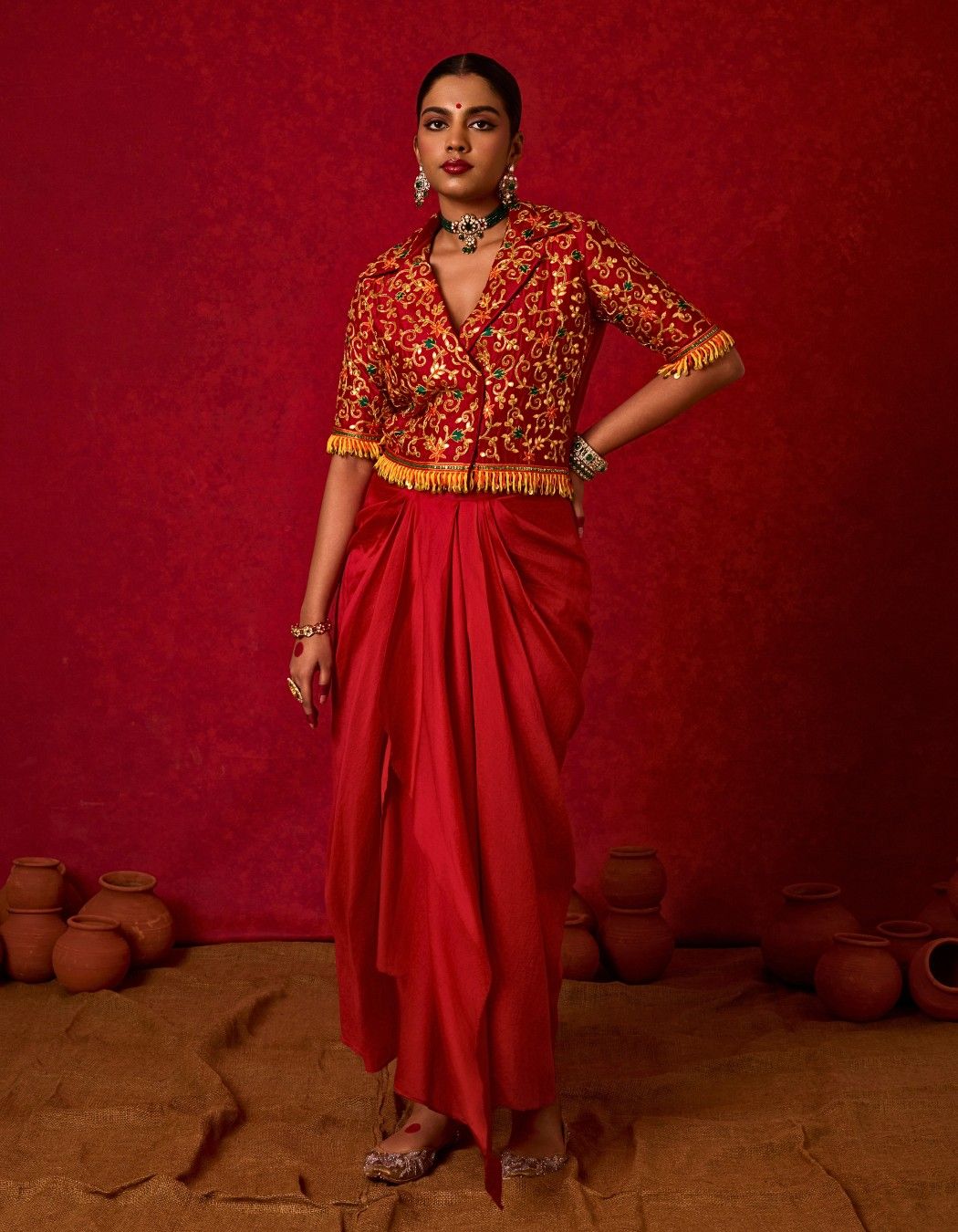 Embroidered Blazer with Drape Skirt