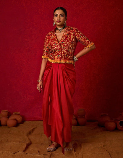Embroidered Blazer with Drape Skirt
