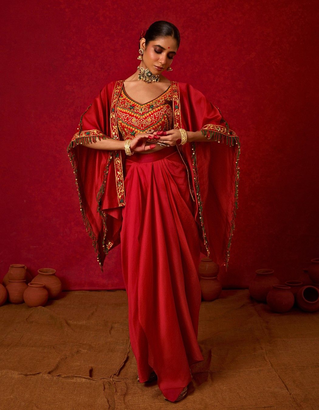 Embroidered Cape Set with Drape Skirt