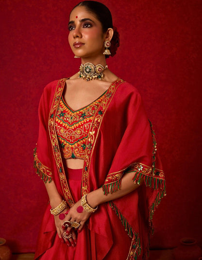 Embroidered Cape Set with Drape Skirt
