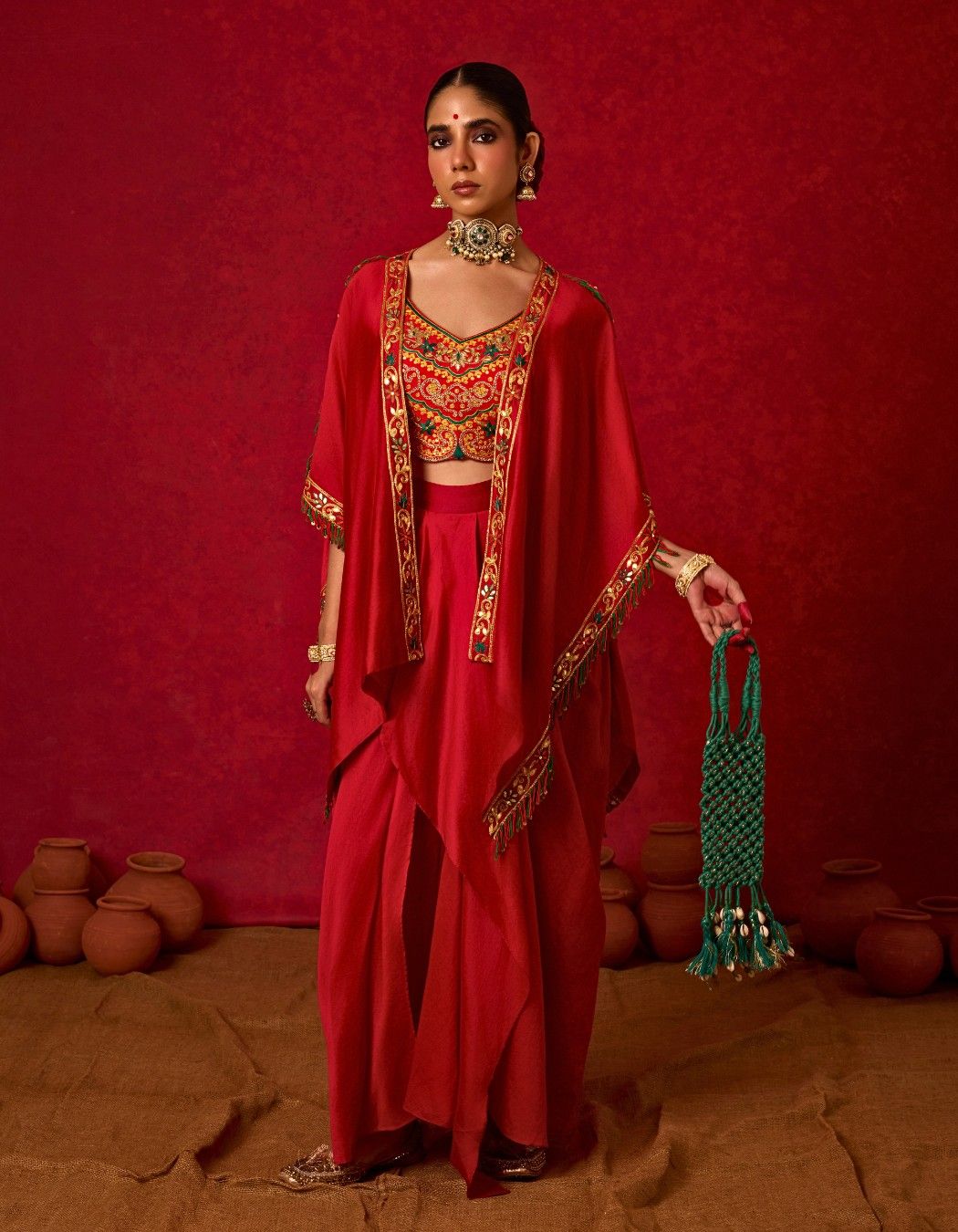 Embroidered Cape Set with Drape Skirt