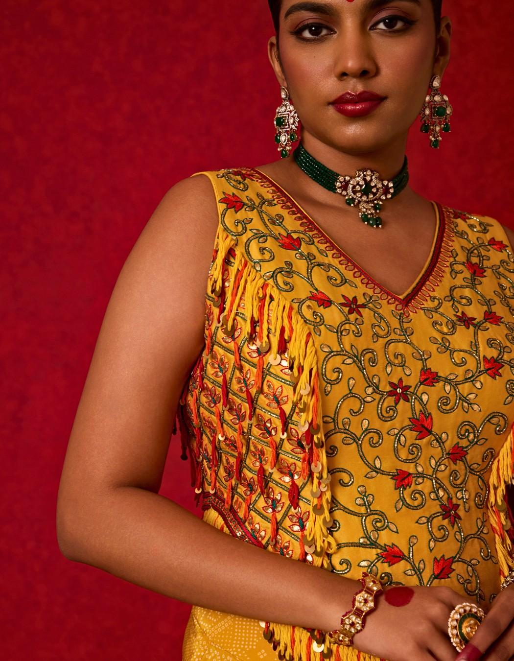 Embroidered Long Blouse with Drape Skirt