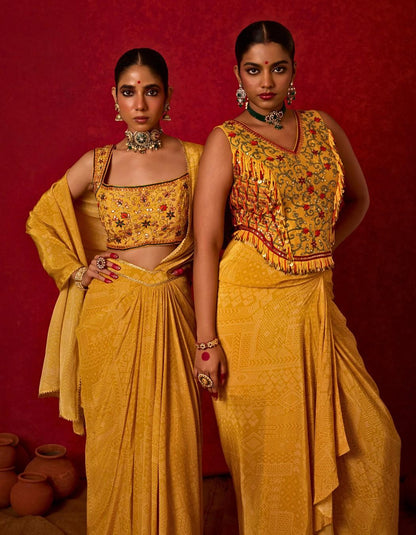 Embroidered Long Blouse with Drape Skirt