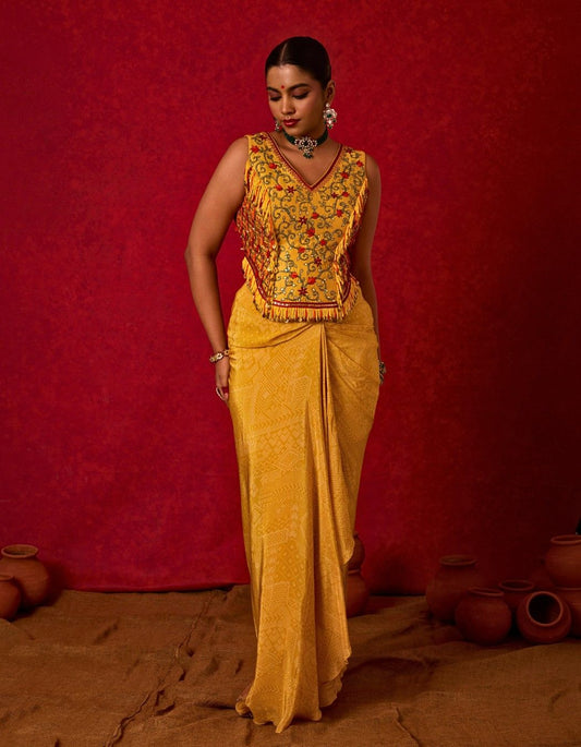Embroidered Long Blouse with Drape Skirt