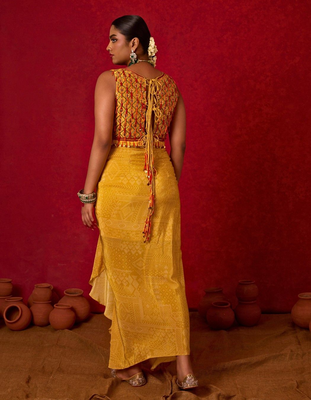 Embroidered Long Blouse with Drape Skirt
