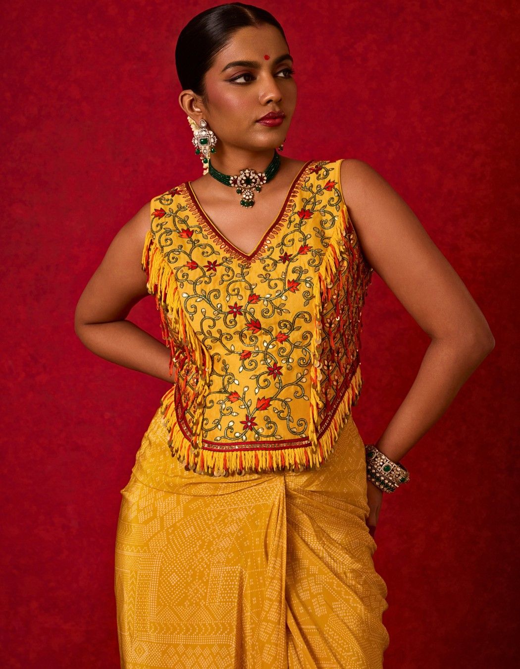 Embroidered Long Blouse with Drape Skirt