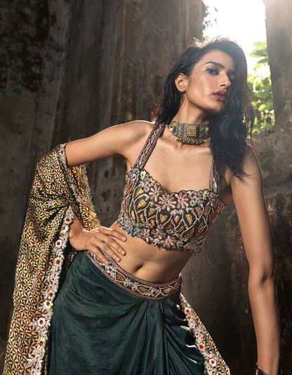 Forest Green Drape Skirt & Cape Set