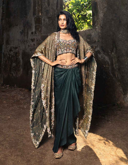 Forest Green Drape Skirt & Cape Set