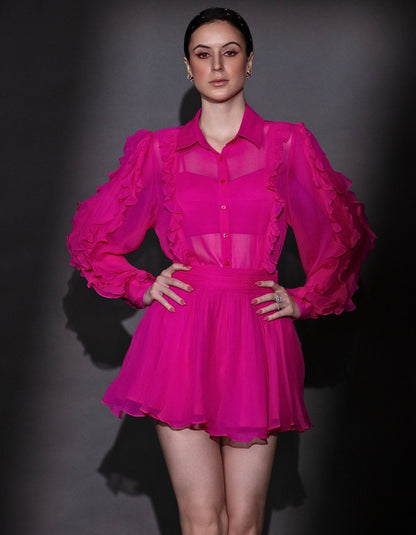 Fuschia Pink Ruffle Shirt & Skirt Set