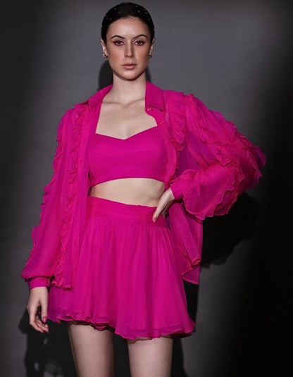 Fuschia Pink Ruffle Shirt & Skirt Set