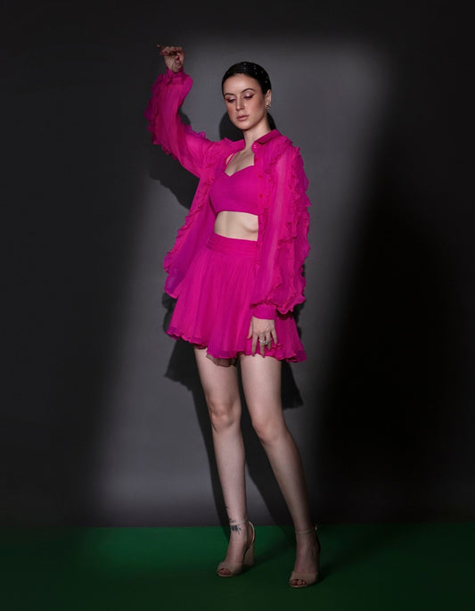 Fuschia Pink Ruffle Shirt & Skirt Set